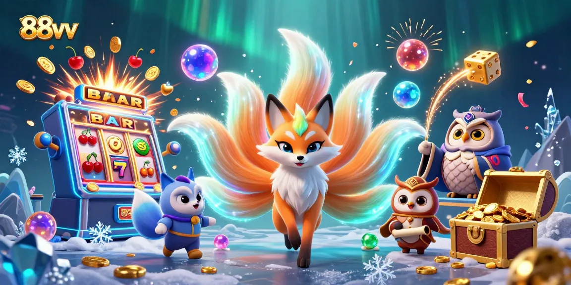 Spin the reels and win big at 88vv with vibrant casino elements and magical characters.