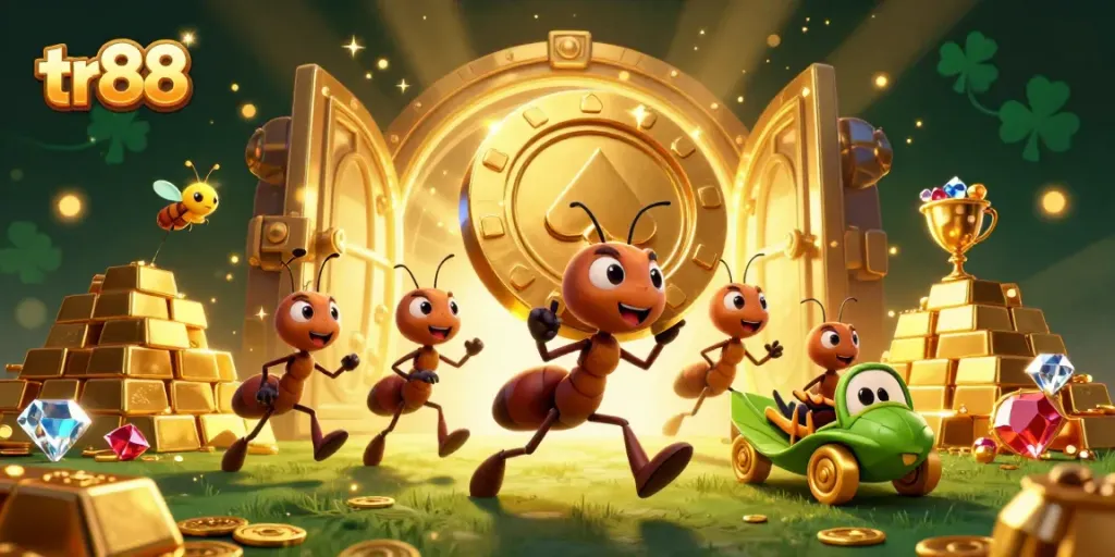Ants carry a giant poker chip in a vibrant tr88 casino heist scene amid dazzling treasures.
