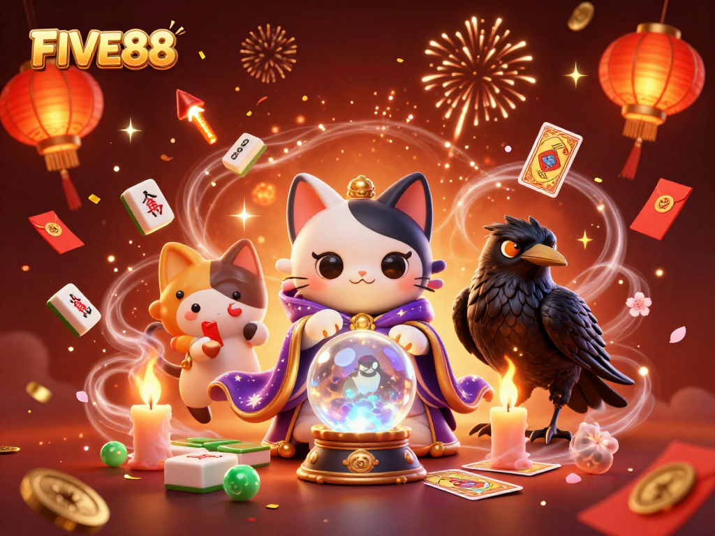 Engage with FIVE88 at this vibrant casino scene featuring mystical elements and festive decorations