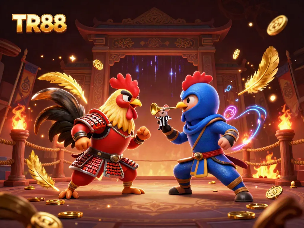 Engage in thrilling TR88 battles with samurai and ninja roosters amidst a vibrant casino arena.