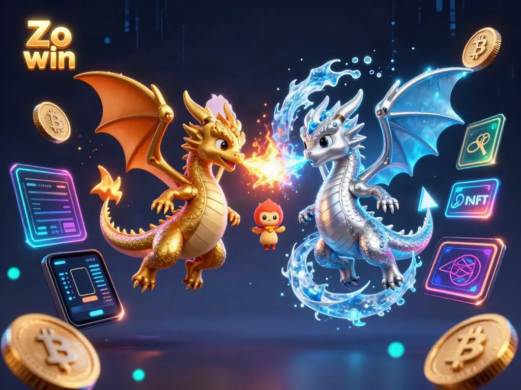 Engage in thrilling gaming action with Zo win, featuring magical dragons and crypto elements in a vibrant casino setting.