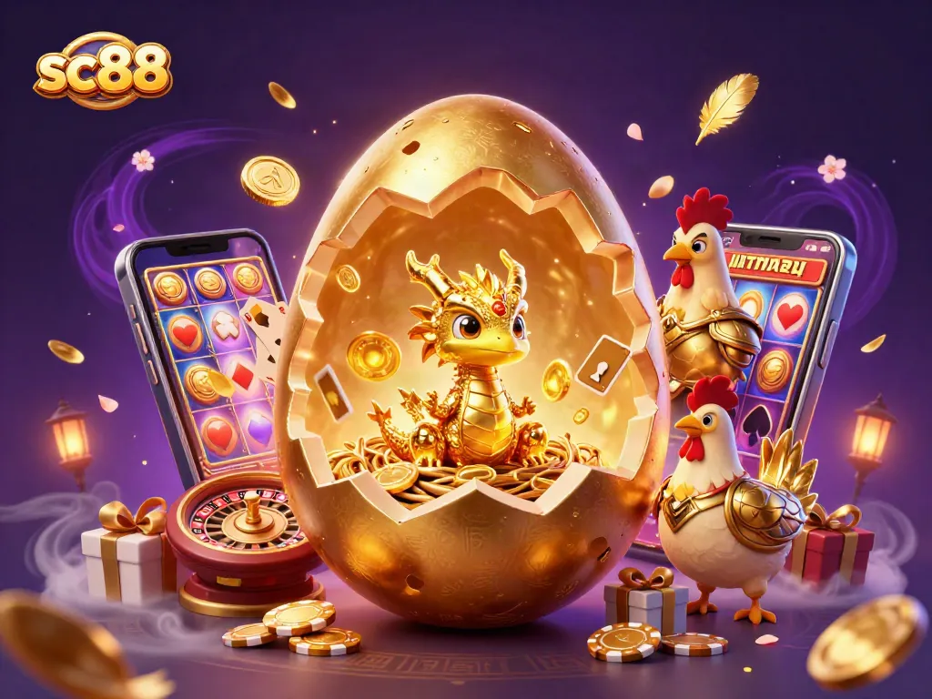 Experience sc88's vibrant casino atmosphere with a golden dragon and dynamic slot gameplay.