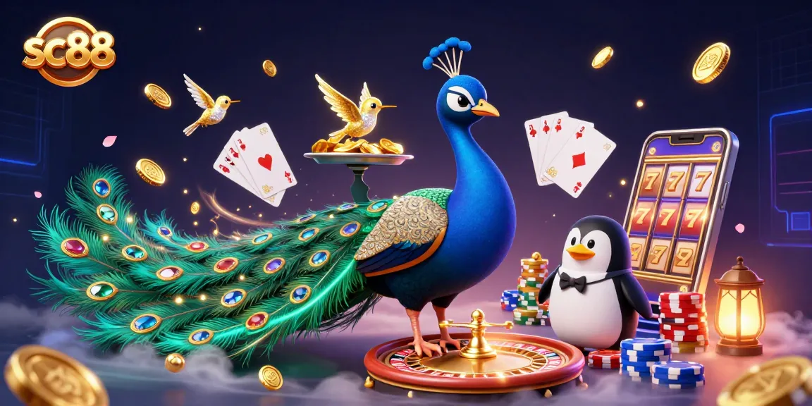 Win thrilling rewards at SC88 with a vibrant casino scene featuring dazzling characters and exciting gameplay elements.