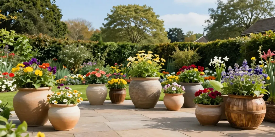 Extra large planter pots UK displaying vibrant flowers in a sunny garden setting.