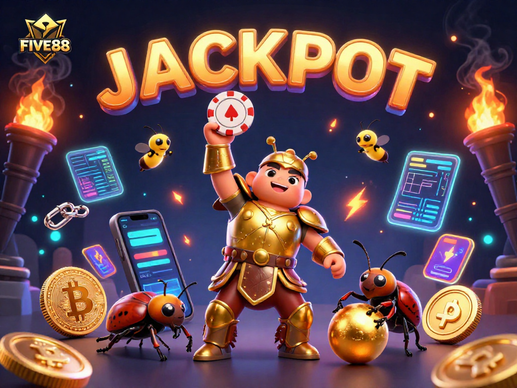 Experience the excitement of betting at FIVE88 with vibrant characters and cryptocurrency elements.