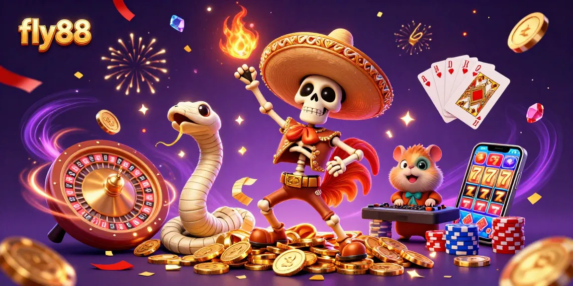Join the excitement of fly88 with a vibrant casino scene featuring a mariachi rooster and dynamic gaming elements.