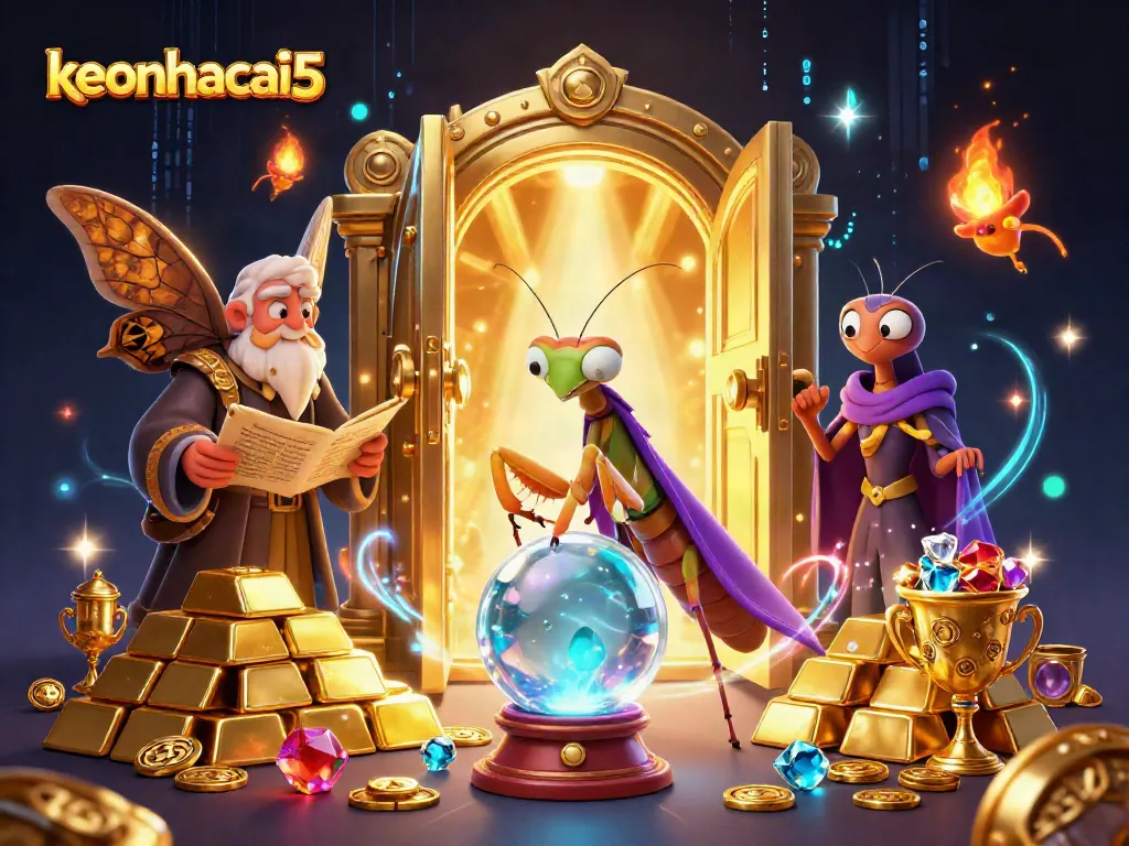 Engage with the magical world of keonhacai5 where fortune tells and treasures await in a vibrant cinematic scene.