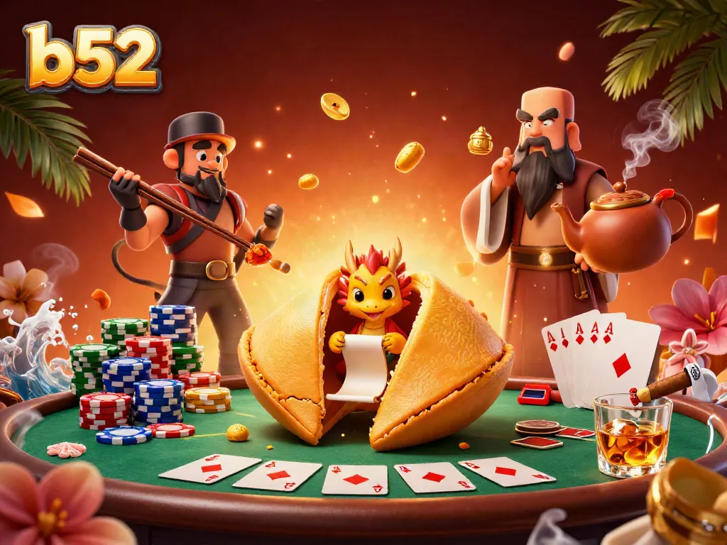 Win big at b52 with a vibrant casino scene featuring a dragon and golden fortune cookie.