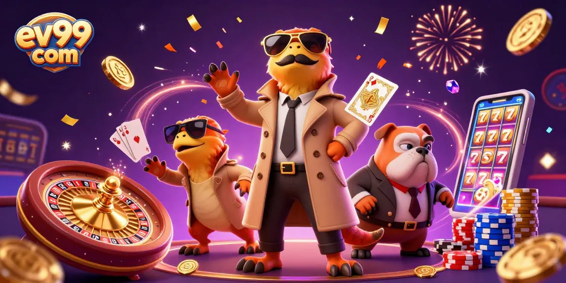 Join the fun at ev99 com with playful raptors entering a VIP casino, surrounded by dynamic gaming elements.