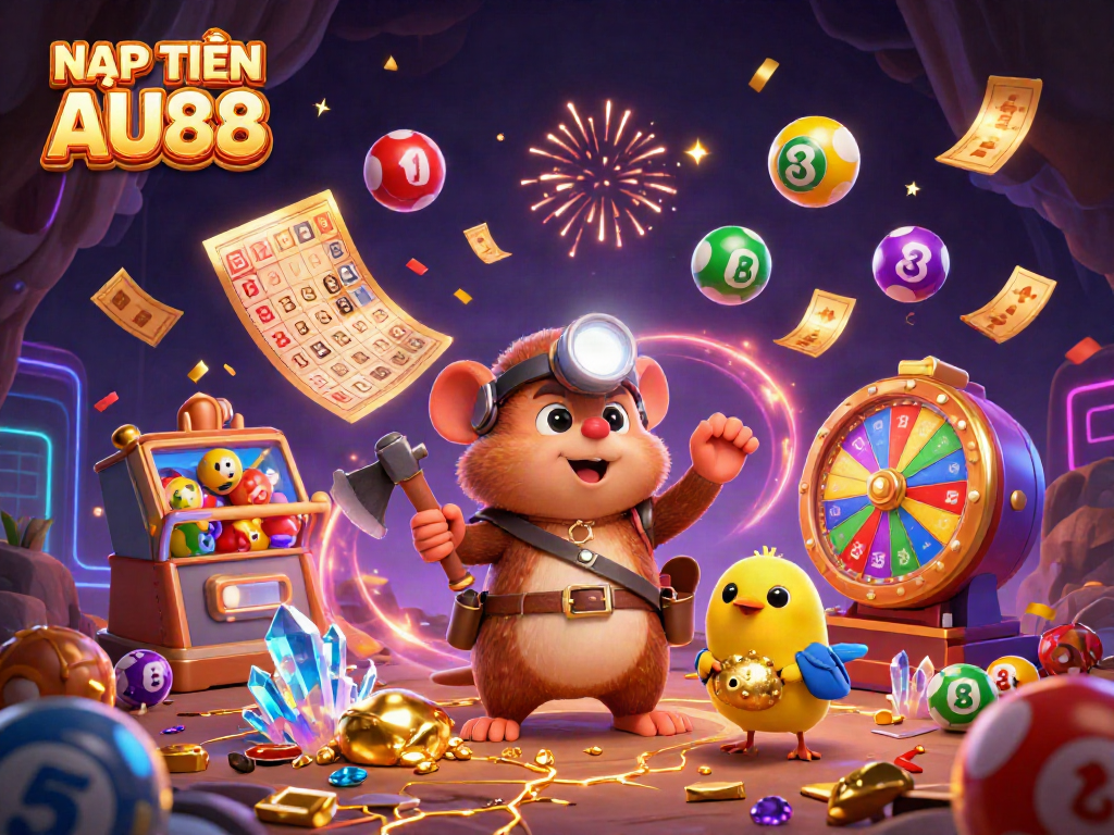 NẠP TIỀN AU88 at a vibrant 3D casino scene featuring a mole and canary in an action-packed treasure cave.