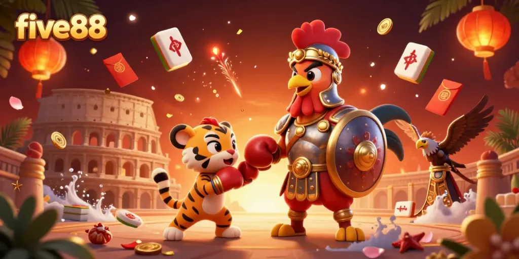 Engage with five88, featuring a colorful 3D scene of a gladiator rooster among festive decorations, illustrating a vibrant casino atmosphere.
