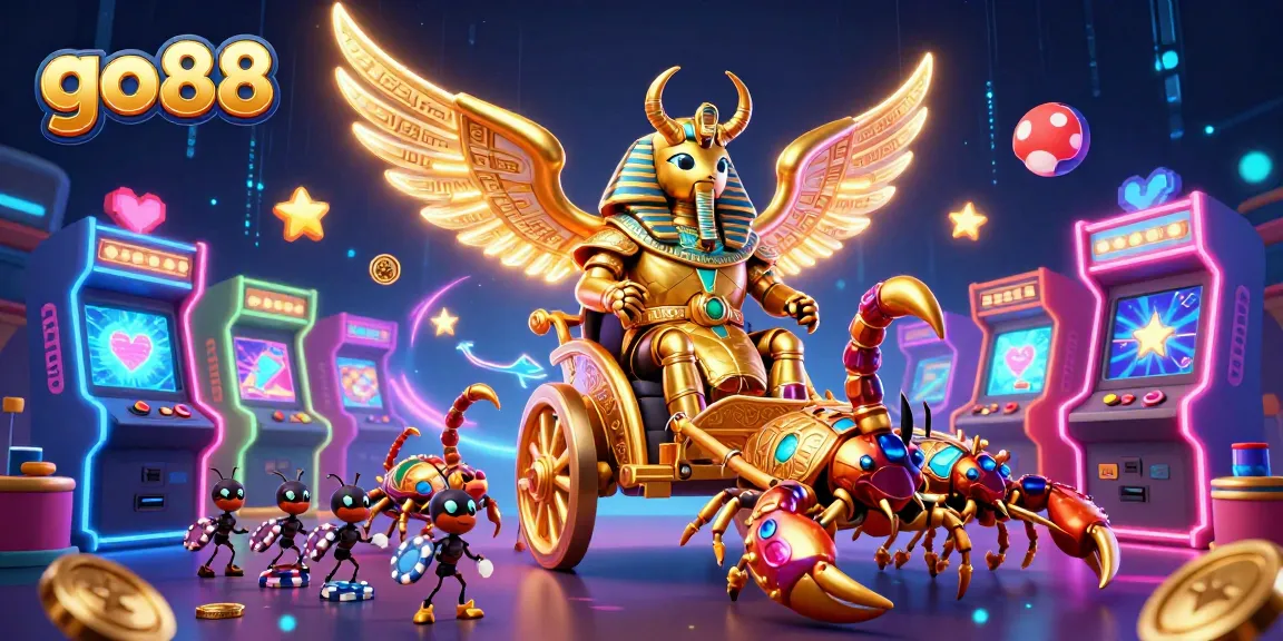 Join in the action at go88 with a vibrant 3D casino scene featuring a golden beetle hero and scorpion companions!
