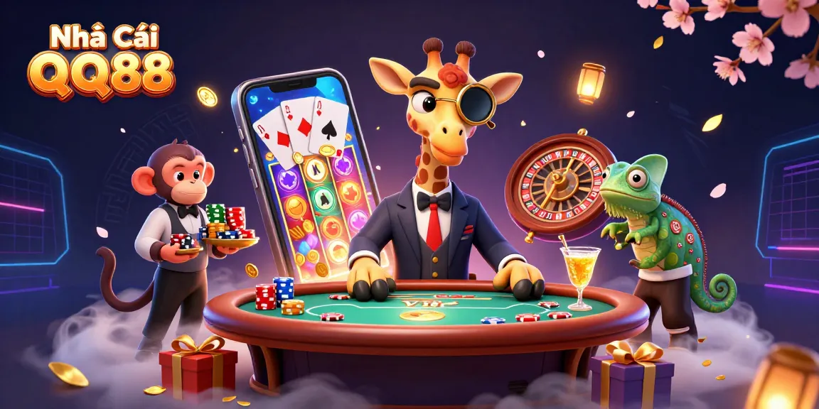 Engage with Nhà Cái QQ88 in a vibrant casino scene showcasing a high-roller giraffe, a monkey valet, and a chameleon bartender.