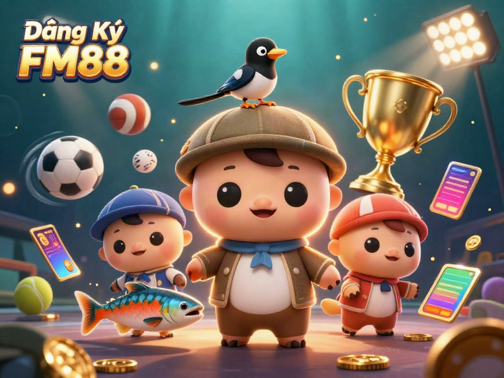 Engage in Đăng Ký FM88 with captivating gaming elements and dynamic characters highlighting the online betting experience.