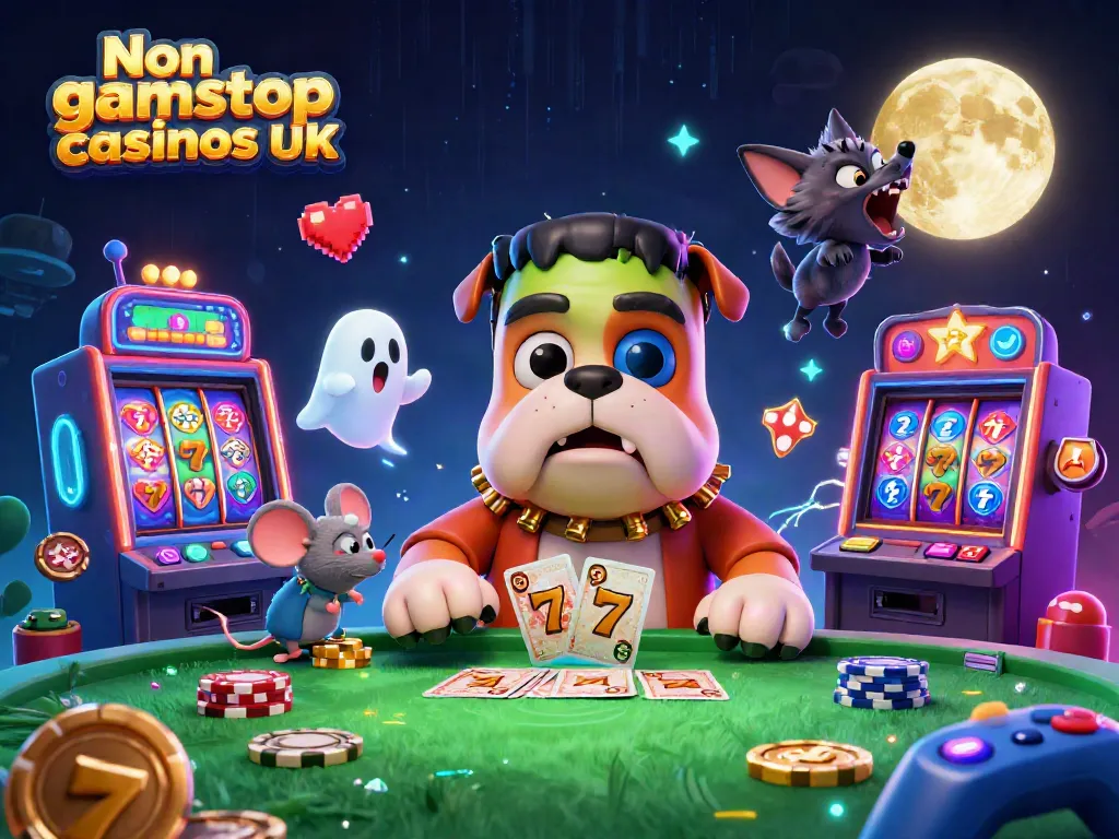 Engaging scene showcasing Non gamstop casinos UK with animated characters playing cards amidst vibrant slot machine elements.