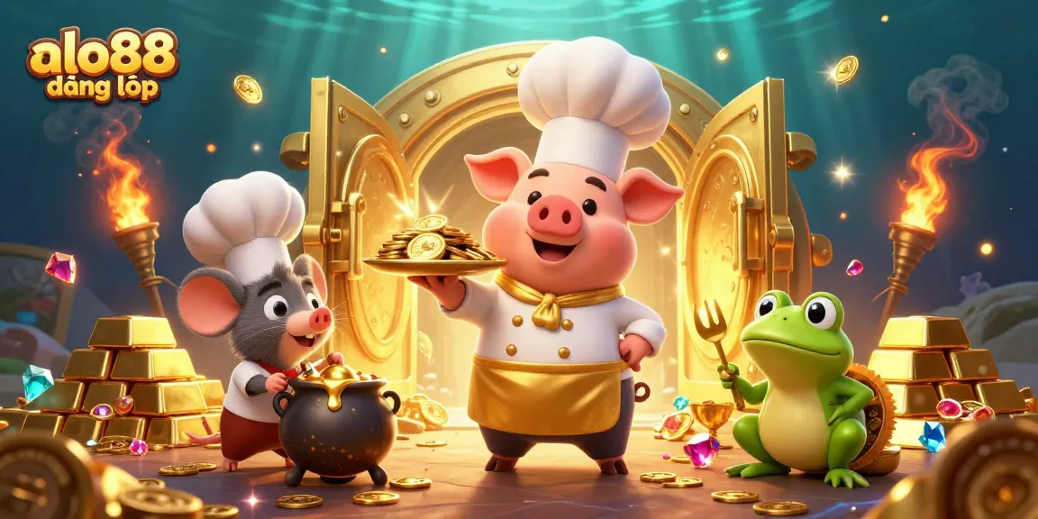 Experience thrilling adventures with alo88 đăng nhập as a chef pig serves coins, surrounded by golden treasures.