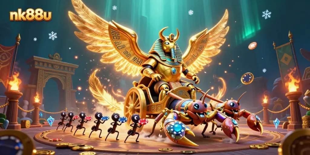 Experience thrilling gameplay at nk88u with a vibrant casino-themed 3D illustration featuring dynamic characters and elements.