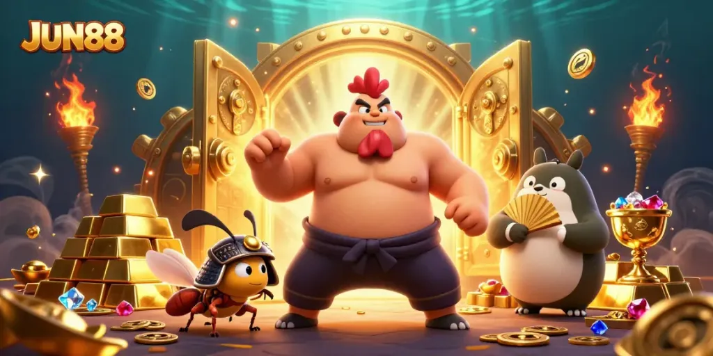 Join the action at JUN88 as a powerful sumo wrestler, a fierce cricket, and a tanuki announcer showcase excitement and treasure.