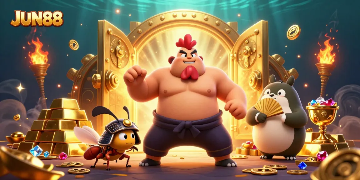 Join the action at JUN88 as a powerful sumo wrestler, a fierce cricket, and a tanuki announcer showcase excitement and treasure.