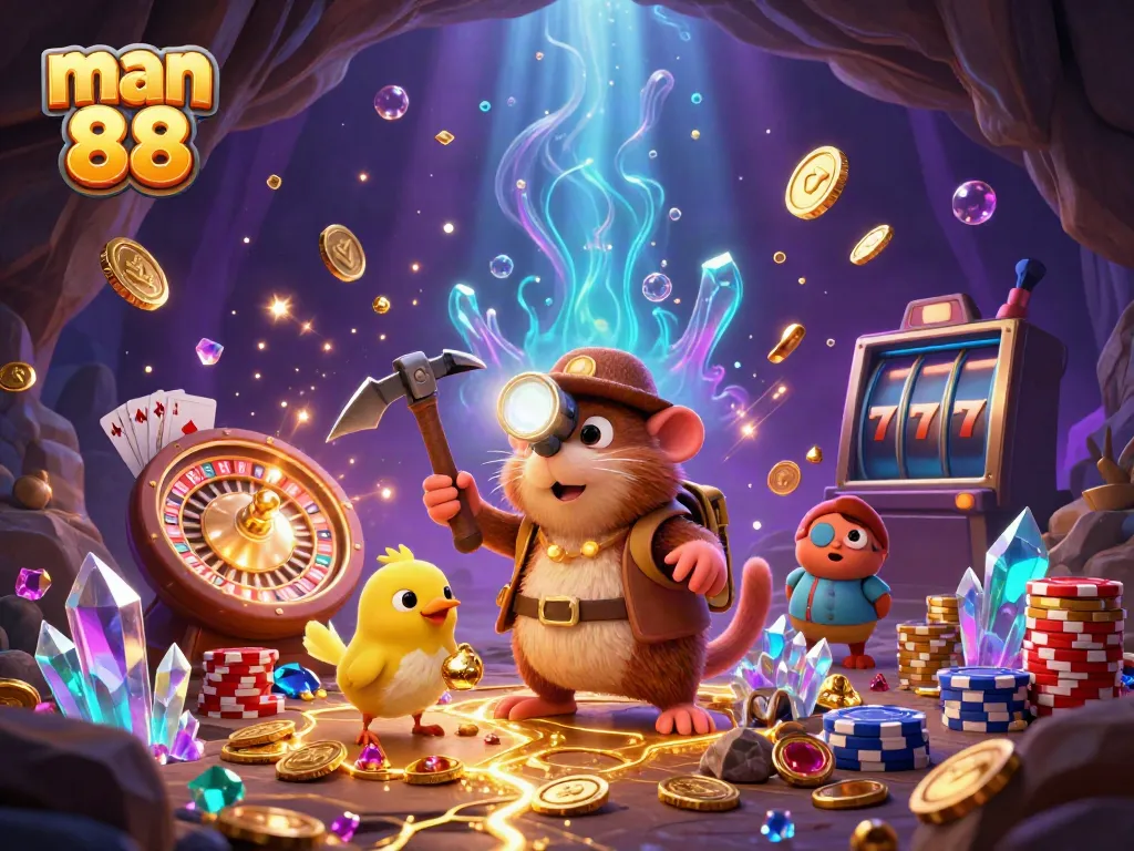 Collect treasures at man 88 with a cartoon mole mining gold in a vibrant casino cave.