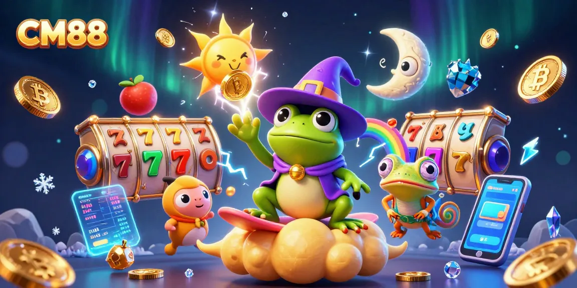 Engage with CM88’s thrilling world of slots as the wizard frog conjures coins in an exciting gaming scene.