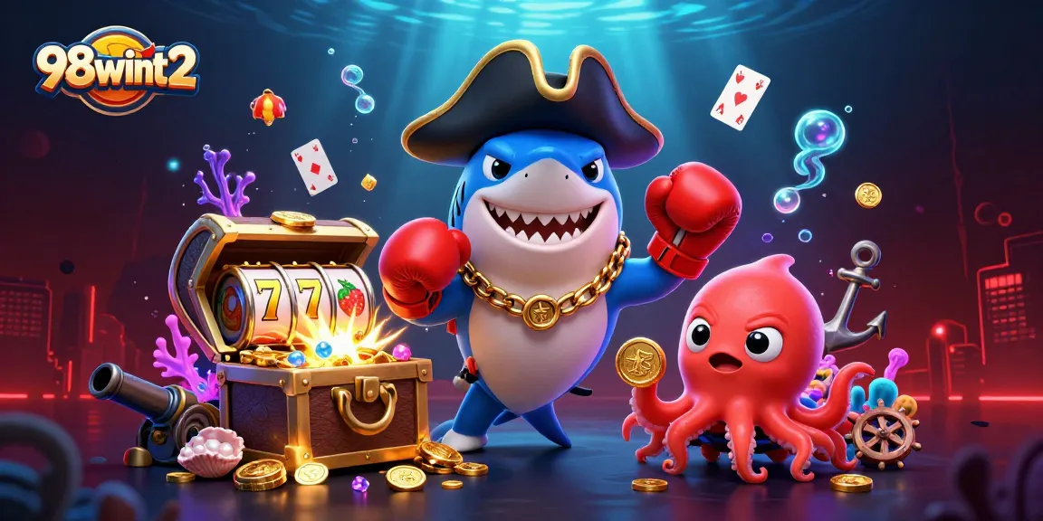 Engage with thrilling 98wint2 casino adventures featuring a pirate shark, boxing pufferfish, and octopus with gold coins.