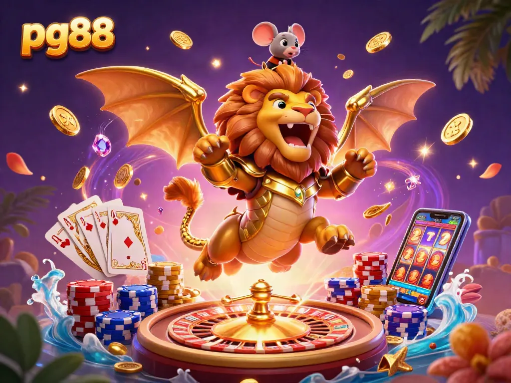 Experience the thrill of winning with pg88 at this vibrant online casino illustration featuring golden treasures and engaging gameplay.