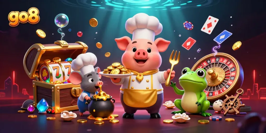 Immerse in go8 gaming magic with cartoon characters serving gold coins and exciting casino elements.