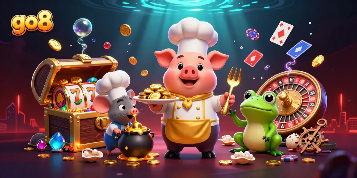 Immerse in go8 gaming magic with cartoon characters serving gold coins and exciting casino elements.