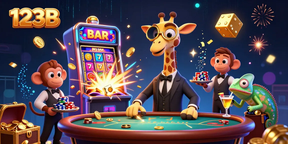 Experience top gaming at 123B with a vibrant scene of a giraffe in a suit at a poker table.