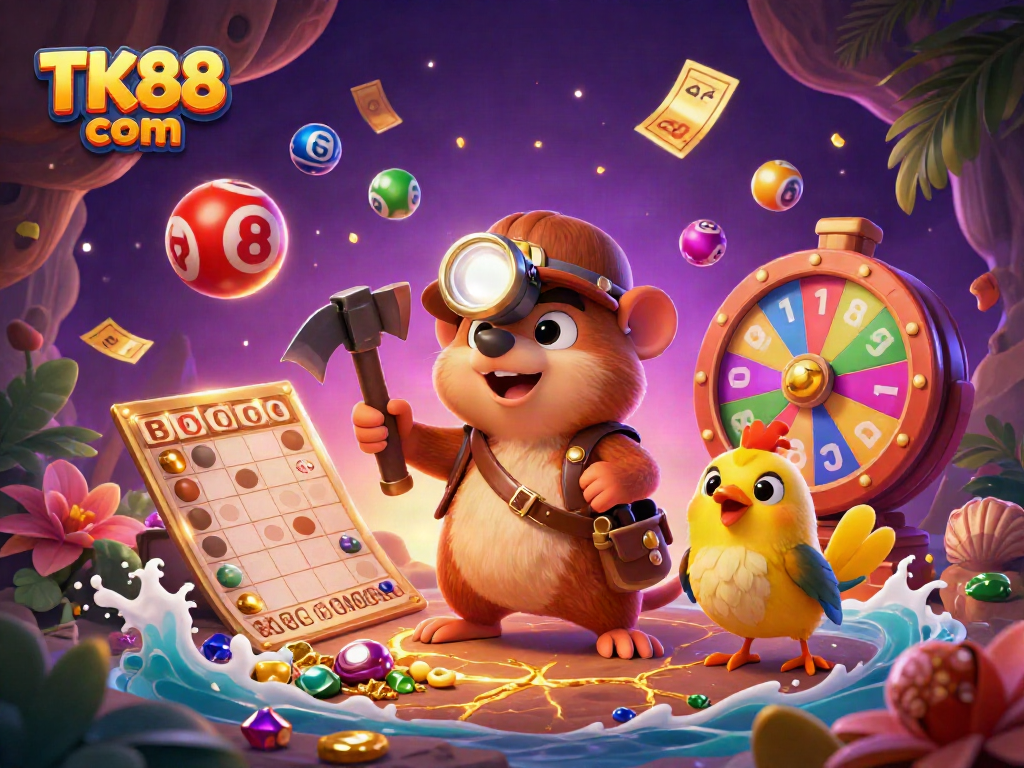 Experience the excitement of TK88 com with a treasure hunter mole and vibrant lottery elements in a casino-inspired scene.