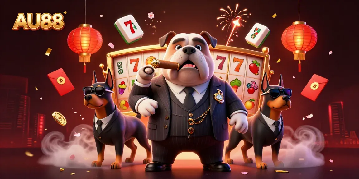 Experience AU88's vibrant casino action featuring a mafia boss and guarding Dobermans amidst slot reels and festive decorations.