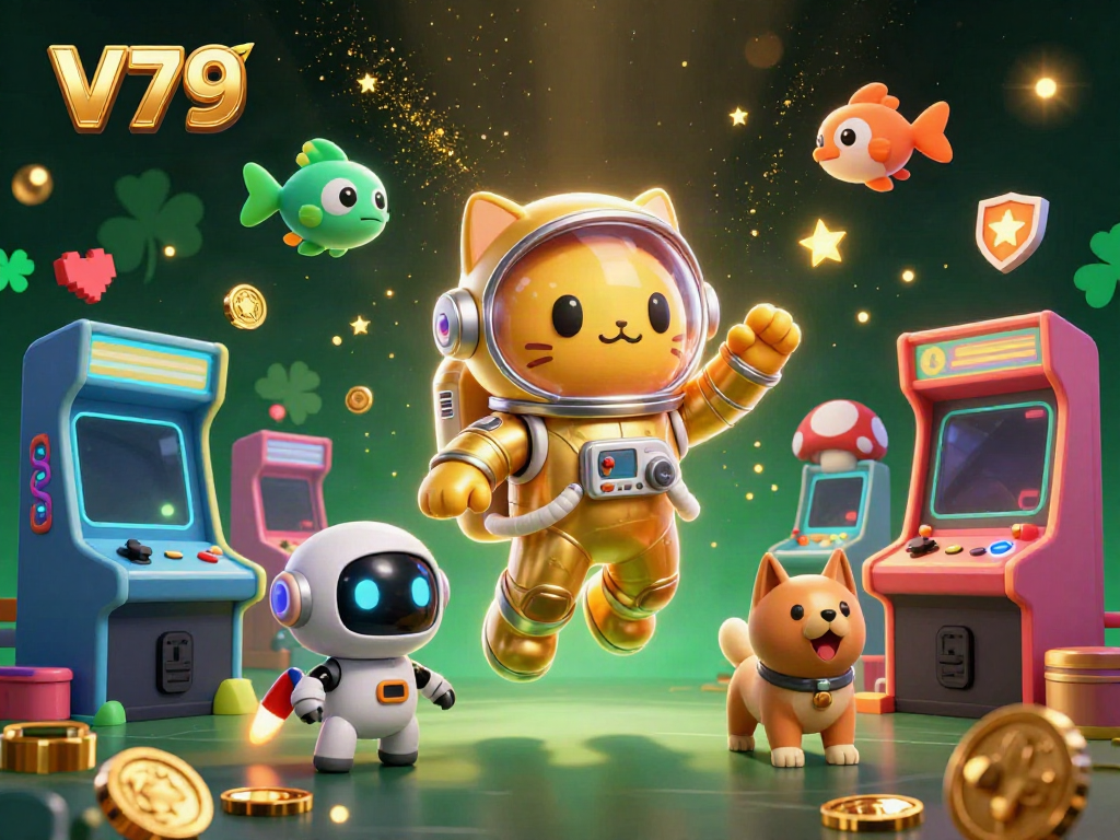 Engage with V79's vibrant gaming adventure featuring a space astronaut cat and robot dog in a colorful casino world.