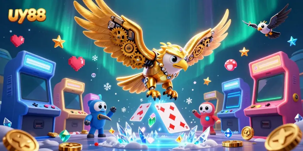 Experience thrilling gameplay at uy88 with a dynamic 3D eagle soaring through holographic cards and game elements.