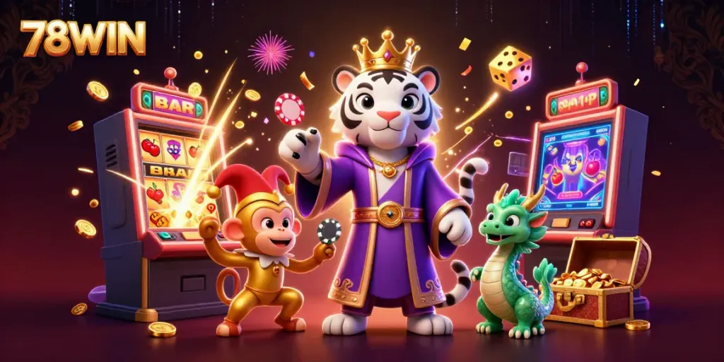 Experience the excitement of 78WIN with a vibrant casino scene featuring a white tiger, monkey, and mystical dragon.
