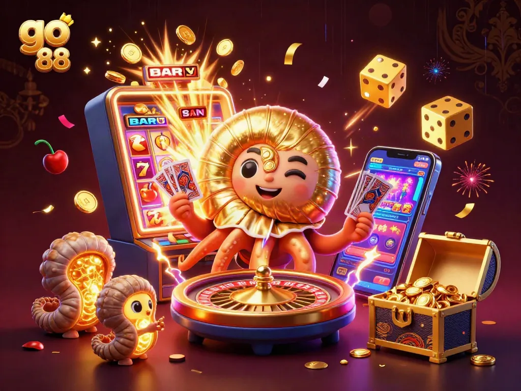 Join the excitement at go 88 with a dazzling 3D casino illustration showcasing thrilling games and vibrant elements.