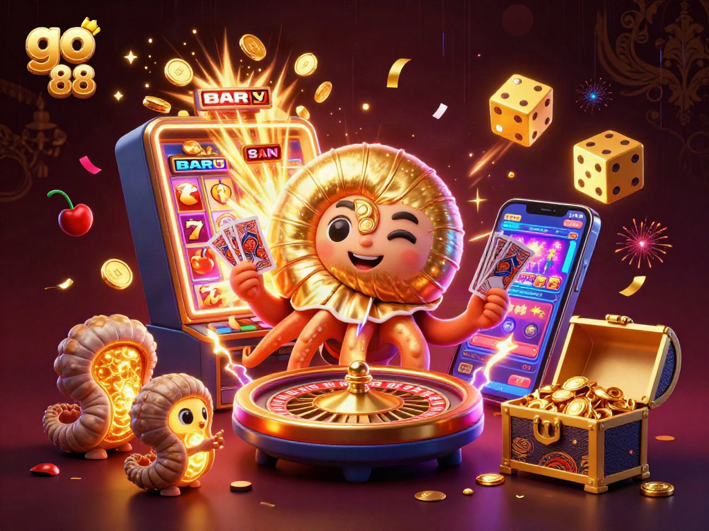 Join the excitement at go 88 with a dazzling 3D casino illustration showcasing thrilling games and vibrant elements.