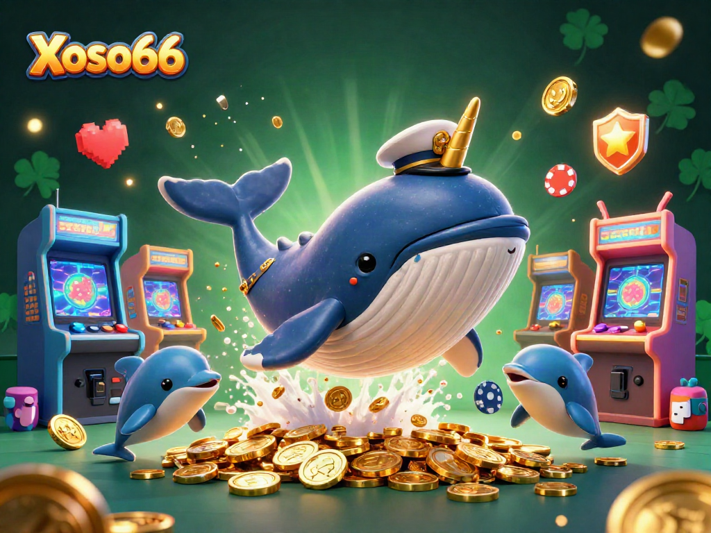 Xoso66 casino scene featuring a whale and playful dolphins surrounded by coins and game machines