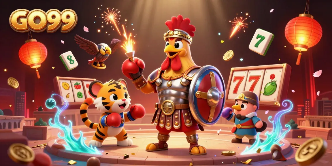 Experience the thrill of GO99 gaming with a vibrant casino scene featuring a gladiator rooster and slot elements.