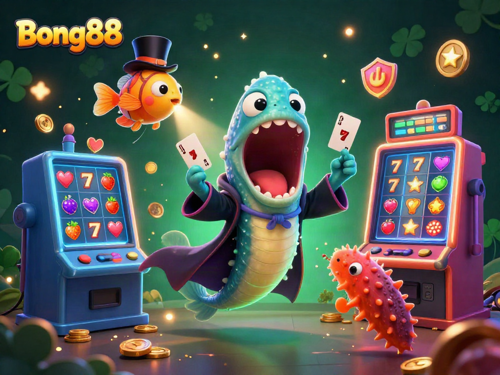 Bong88 showcases a vibrant 3D casino scene featuring characters performing tricks with slot machines and casino symbols.