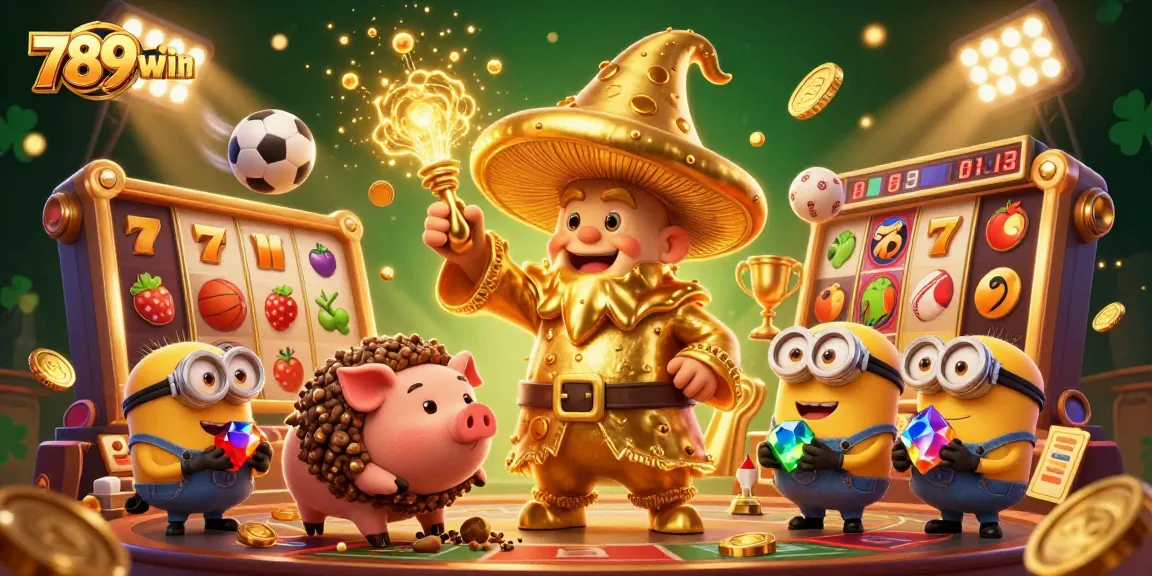 Experience thrilling slot jackpots with 789win, featuring a magical golden wizard and vibrant casino elements.