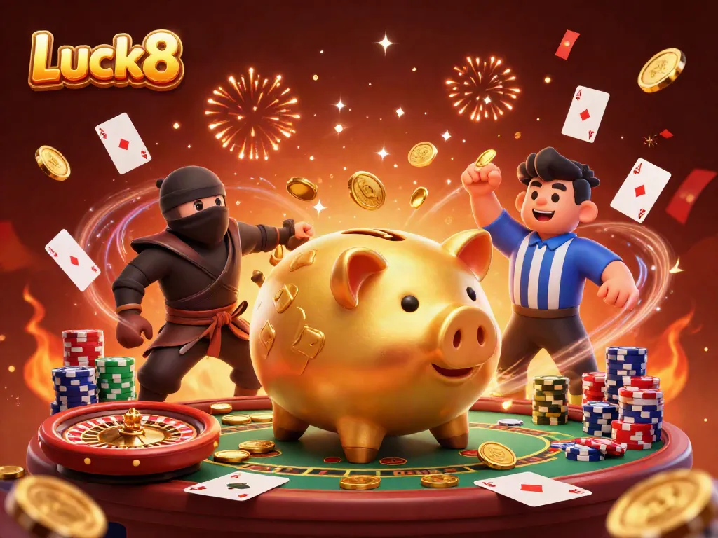 Experience exciting gameplay at Luck8 with playful characters and vibrant casino elements.