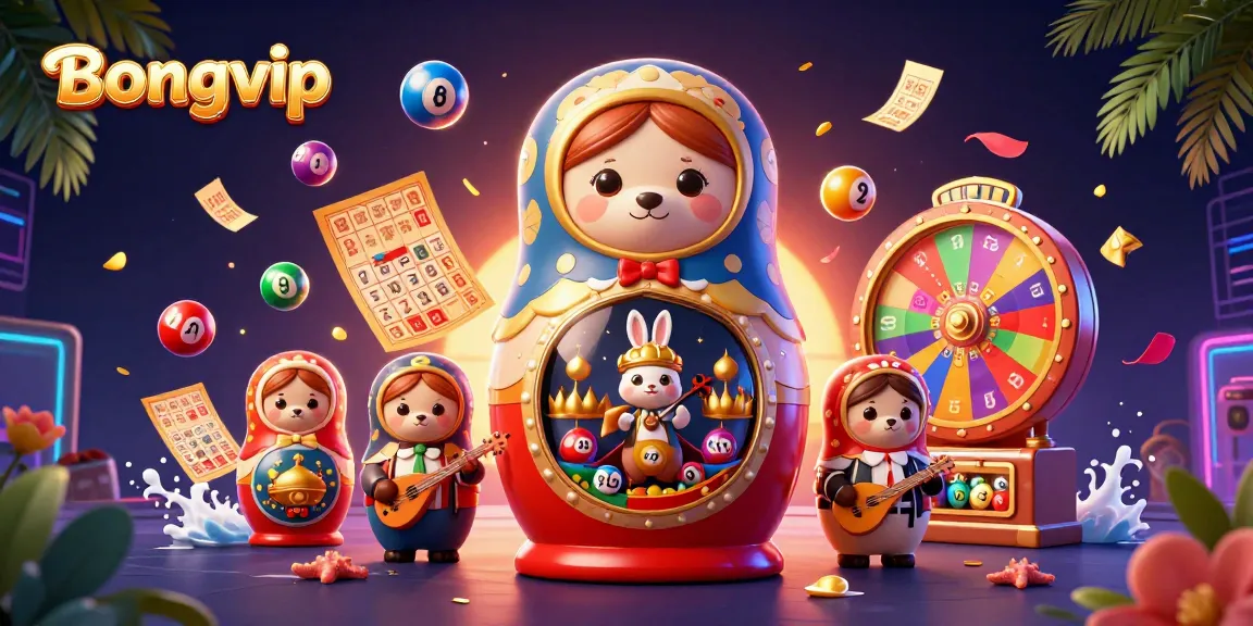 Bongvip showcases a lively 3D illustration featuring a Matryoshka bear in a casino scene with dynamic elements.