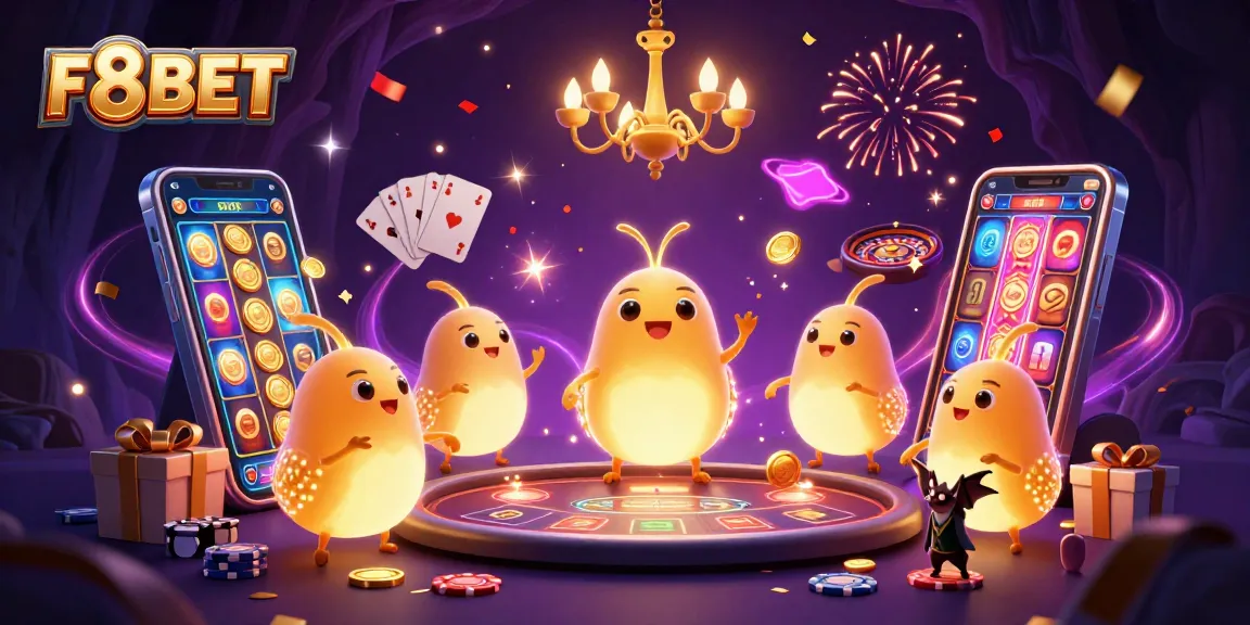 Join the fun with F8BET in a vibrant casino scene featuring glowworms and a bat dealer.