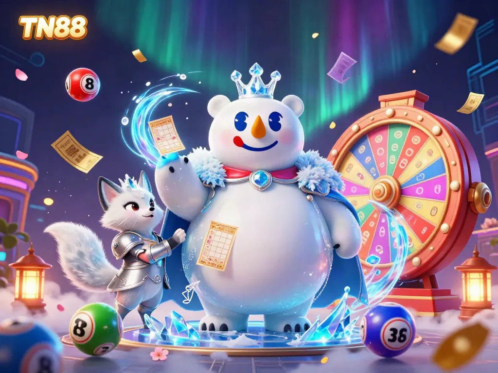 Experience the excitement of TN88 with the ice king polar bear and snow fox in a vivid casino scene.