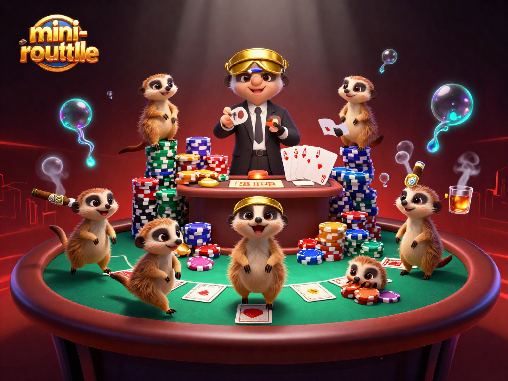 Engage with mini-roulette action in a 3D cartoon casino scene featuring lively meerkats.