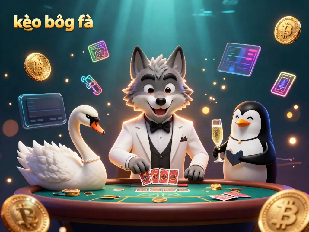 Experience kèo bóng đá through vibrant 3D characters at a baccarat table surrounded by crypto elements.