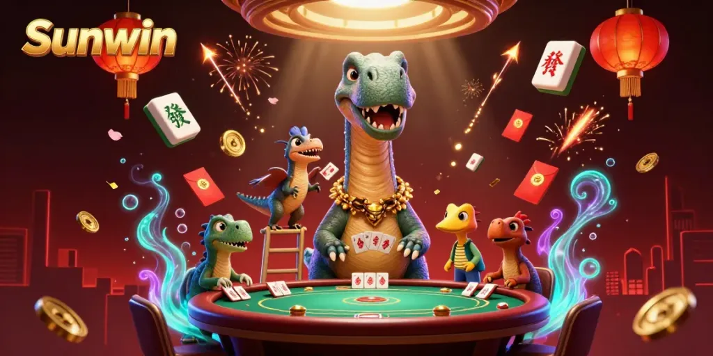 Engage players with Sunwin's vibrant 3D casino scene featuring a playful dinosaur and dynamic card play.