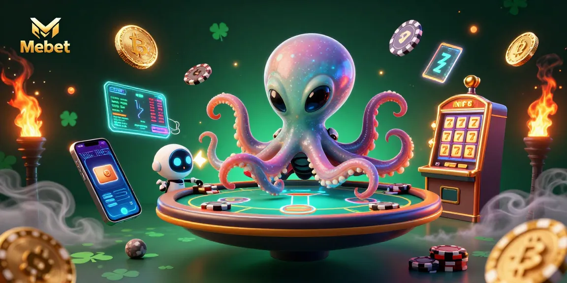 Mebet showcases a vibrant alien octopus at a holographic poker table with glowing cryptocurrencies.
