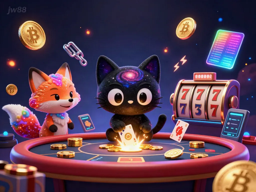 Pull golden chips and cards with jw88's cosmic casino table illustration featuring a black hole cat and a nebula fox.